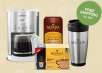 Gevalia: 12-Cup Coffeemaker (Stainless Steel) + Travel Mug + 2 Boxes of Coffee or Tea