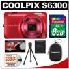 Nikon Coolpix S6300 Digital Camera (Red) - Refurbished w/ 8GB Card + Case + Tripod + Accessory Kit