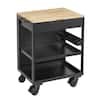 Husky Extra Wide Utility Cart with Wooden Top in Black (28 in. W x 37.5 in. H x 21.5 in. D)