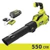 Ryobi 40V Brushless 125 MPH 550 CFM Cordless Battery Whisper Series Jet Fan Blower with 4.0 Ah Battery and Charger