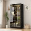 FUFU&GAGA Black Wood Display Cabinet With Tempered Glass Doors and 3-Color LED Lights