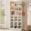 Lauren White Shoe Cabinet with Side Hooks, 24 Pair Freestanding Shoe Rack Storage Organizer for Hallway Closet Entryway