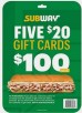 5-Pack $20 Subway Restaurant Gift Cards  for $59.99 ( In-Warehouse Purchase Only)