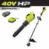 RYOBI 40V HP Brushless 600 CFM 155 MPH Cordless Leaf Blower and Carbon Fiber String Trimmer w/ 4.0 Ah Battery & Charger