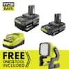 RYOBI ONE+ 18V Lithium-Ion 4.0 Ah Battery, 2.0 Ah Battery & Charger Kit w/ FREE ONE+ Cordless Hybrid LED Work Light