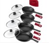 Cuisinel 6"+8"+10+12"-Inch Cast Iron Skillets Set + Glass Lids + Silicone Handle Grips