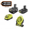 RYOBI ONE+ 18V Lithium-Ion 4.0 Ah Battery, 2.0 Ah Battery, and Charger Kit + 7-1/2 in. ONE+ Hybrid WHISPER SERIES Fan