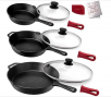 10-Pc Cuisinel 8"+10"+12"-Inch Cast Iron Skillets Set with Glass Lids + Silicone Handle Holder Covers + Pan Scraper