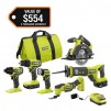 RYOBI ONE+ 18V Cordless 6-Tool Combo Kit with 1.5 Ah Battery, 4.0 Ah Battery, and Charger