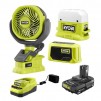 RYOBI ONE+ 18V Cordless 3-Tool Campers Kit with Area Light, Bluetooth Speaker, 4" Clamp Fan, 1.5 Ah Battery, & Charger