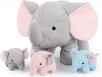 4-Piece  Elephant Plush Toy Set - Stuffed Animal Family with Zipper Storage  (Grey, Blue, Pink)