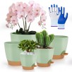 5-Packk PHANCIR Self Watering Plant Pots with Nitrile Gloves (7", 6.5", 6", 5.5" & 5", Green)