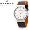 Skagen Denmark 351XLSL Slimline Collection Laser-Cut Dial Stainless Steel Leather Strap Mens Watch