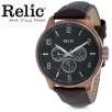 Relic by Fossil ZR15528 Dark Rose Goldtone IP Stainless Steel Multifunction Leather Strap Mens Watch