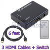 HDMI v1.3 + HDCP 3 Ports Mini Switch w/ External IR Receiver and Remote + 3 pcs of 6 Feet HDMI Cable