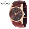 Skagen Denmark 759LRLDJ Automatic Movement 18K Rose Gold Plated Stainless Steel Exhibition Caseback Leather Strap Watch