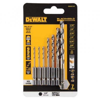 7-Pc DeWalt Black & Gold High Speed Steel Impact Ready Drill Bit Set Hex Shank